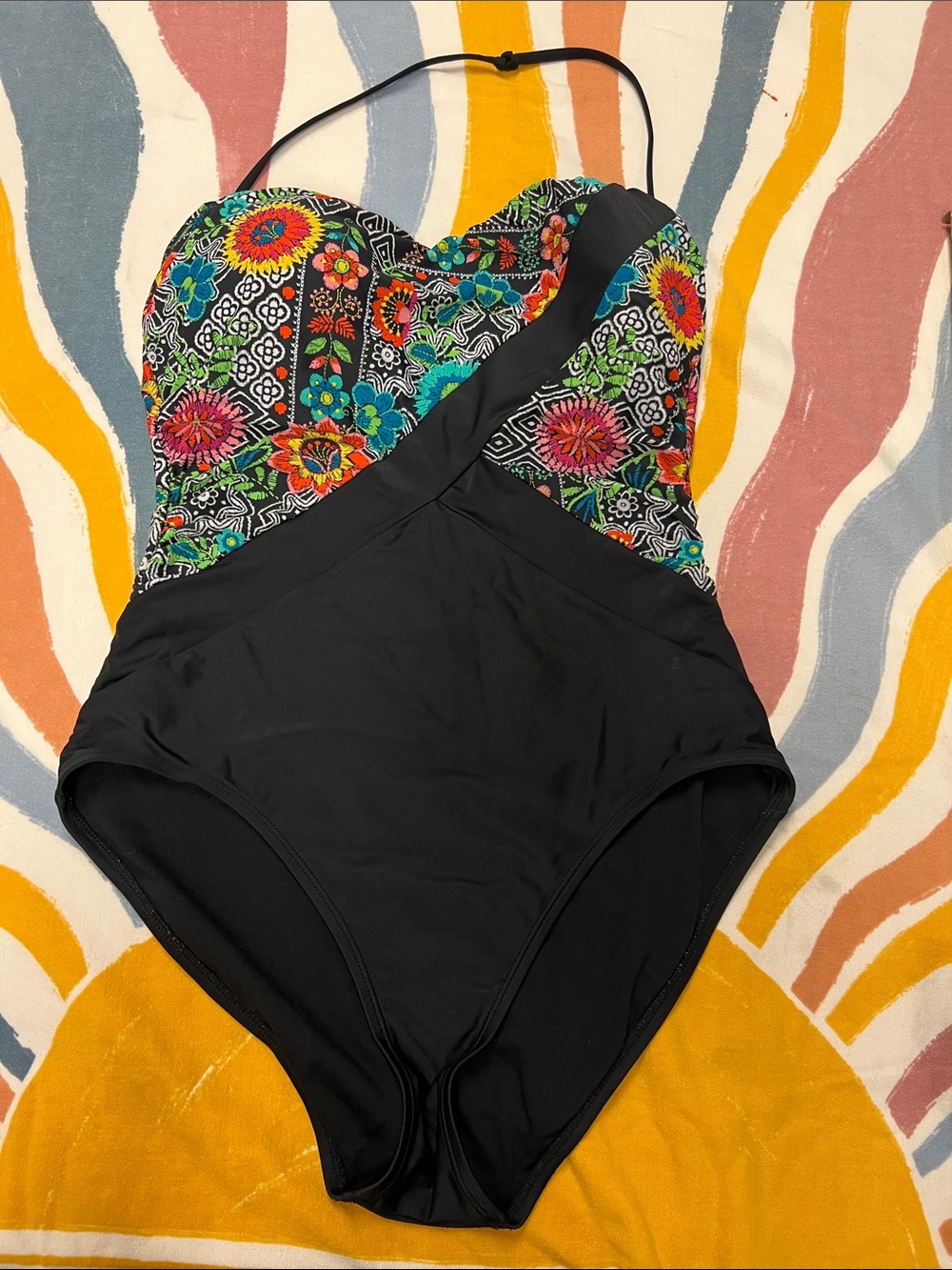 Black One-Piece Swimsuit with Colorful Floral Bust P4.5